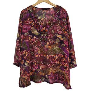 VTG Notations Womens Sz XL Embroidered Sequin Floral Top Boho Artsy Tunic Blouse